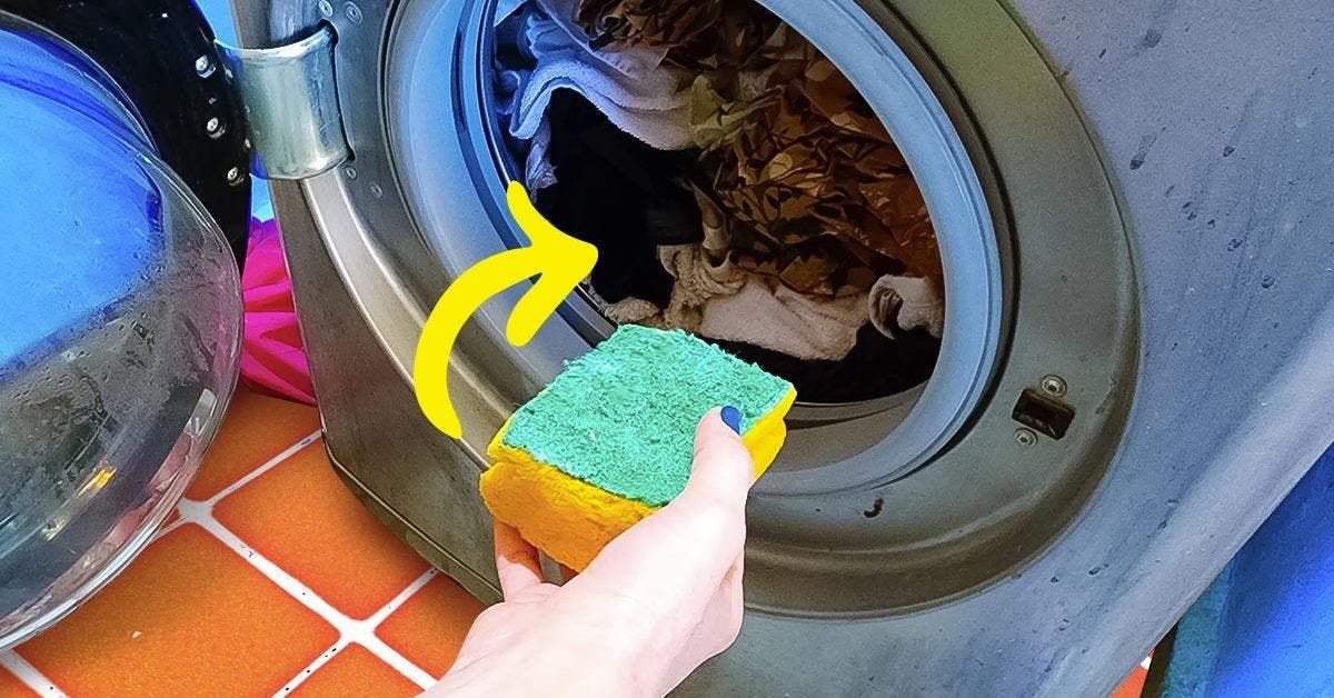 Pourquoi est-il important de mettre une éponge avec le linge dans la machine à laver ?